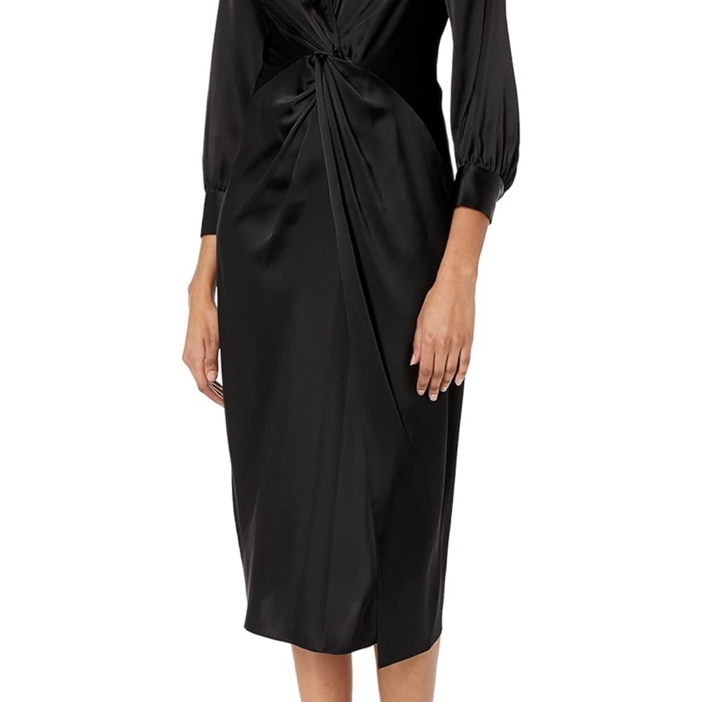 Theory Black Soft Satin Twist Front Midi Dress Size 00 NWOT